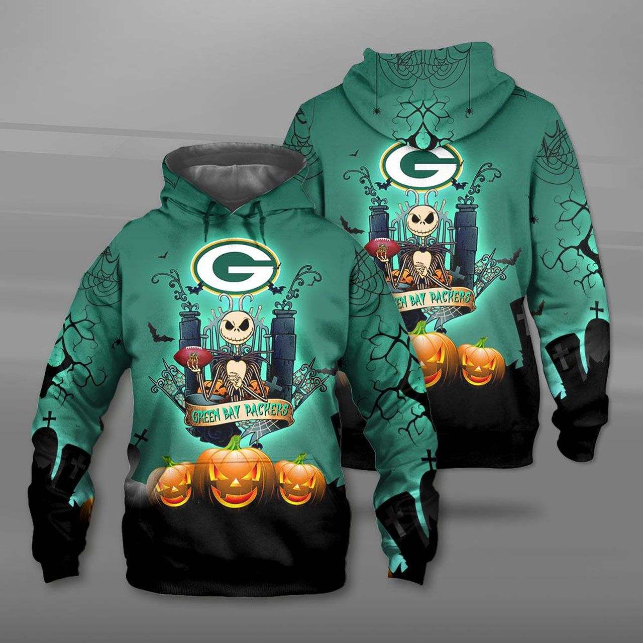 Green Bay Packers Halloween Jack Skellington Zip Hoodie Green Bay Packershoodie Zip 3D Green Bay Packers Print Hoodie Zip 3D