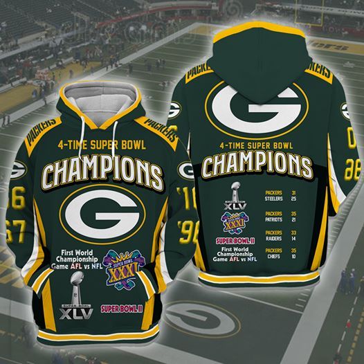 Green Bay Packers 4 Time Super Bowl Champions Hoodie 3Dgreen Bay Packers Super Bowl Champions Hoodie 3Dshirt Green Bay Packers Hoodie Zip 3D