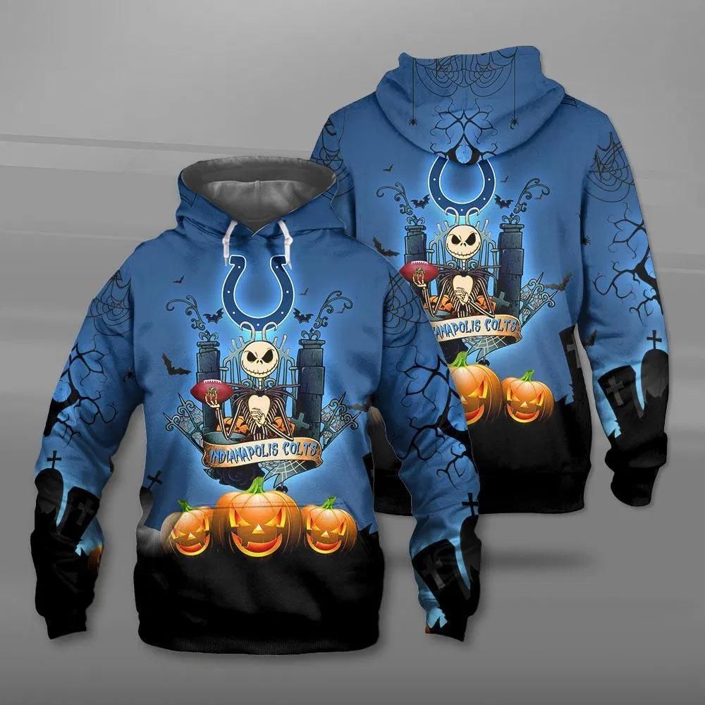 Indianapolis Colts Hoodie 3D Halloween Horror Jack Skellington Sweatshirt Pullover Art#743 Hoodie 3D Pullover Zip Hoodie 3D