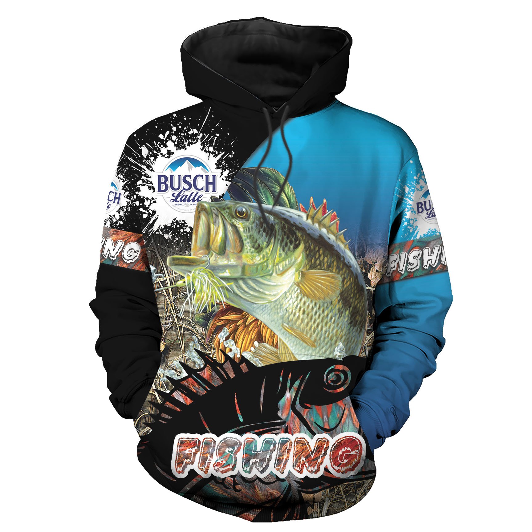 Green and Black Fishes Busch Latte Hoodies 3D Father Day Gifts – Bass Fishing Lover Camping Gifts for Dad Grandpa