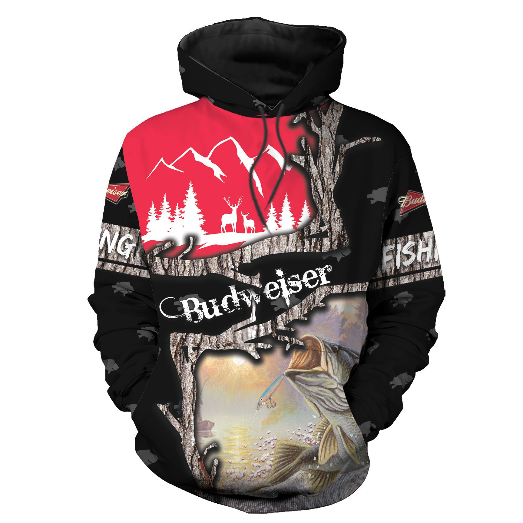 Fish At Sunrise And Deer Stepfather Hoodies 3D Father Day Gifts – Bass Fishing Budweiser Lover Camping Gifts for Dad