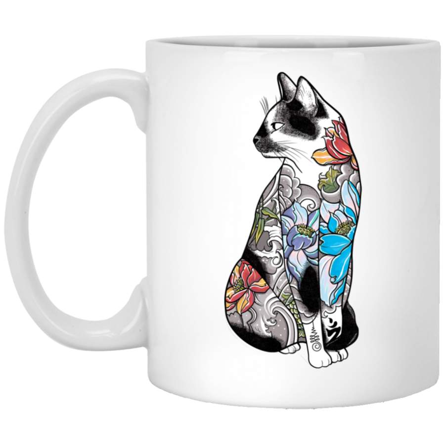 Cat in Lotus Tattoo White Mug