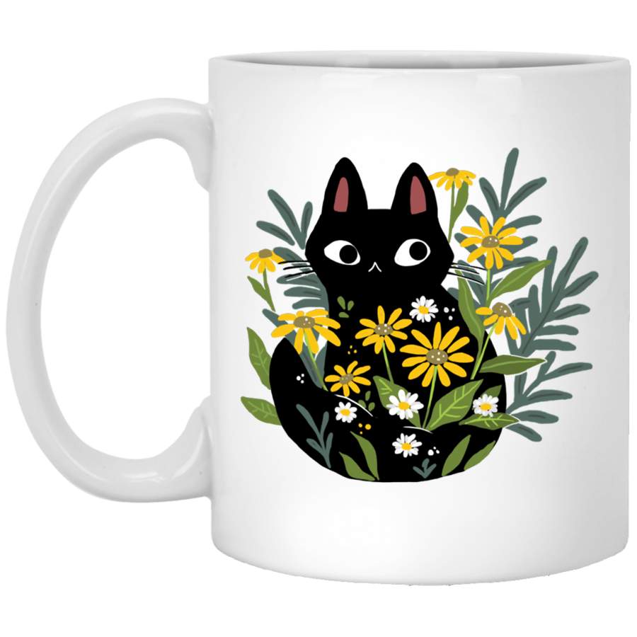 Black cat with flowers White Mug