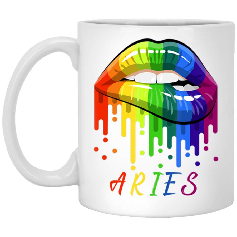 Aries Lipsticks Rainbow Tee March April Birthday Gift White Mug