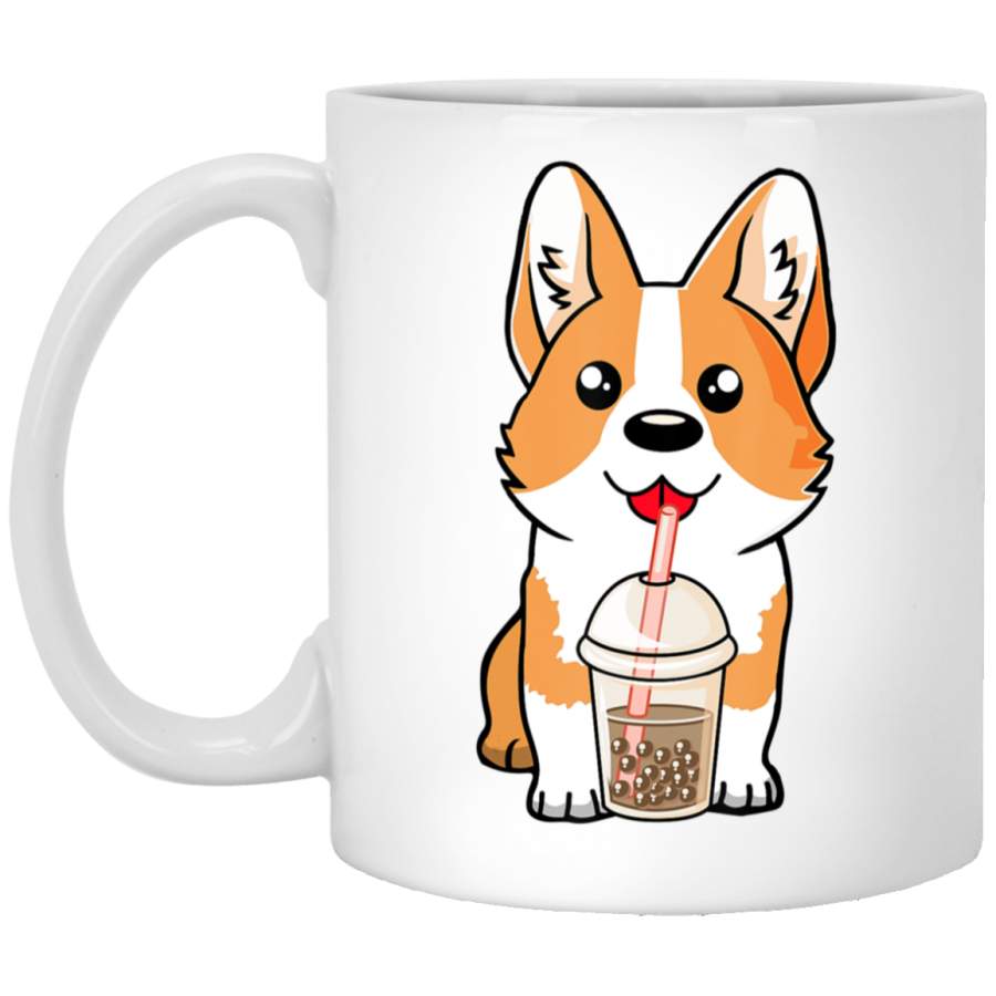 Boba Tea Corgi Dog Puppy Lover Kawaii Japanese Anime Gift White Mug