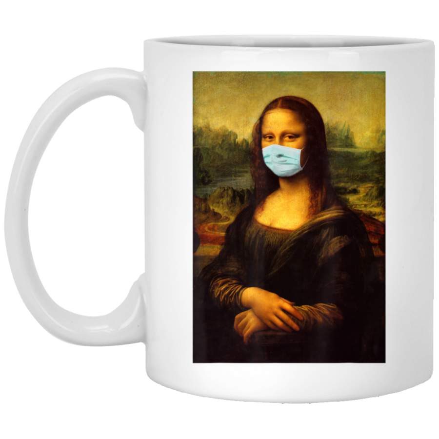 Mona Lisa Famous Painting Wearing Mask, Stay Away Please! White Mug