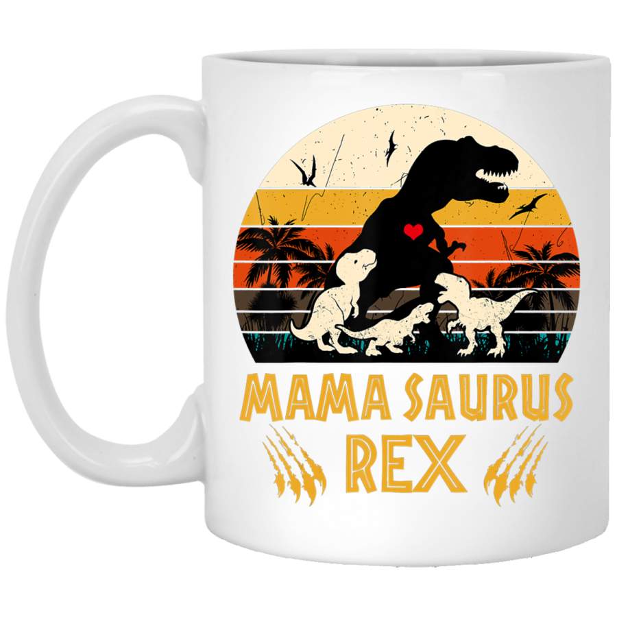 Funny Mamasaurus Rex I Three Kids Mom and Dinasaur Kids White Mug