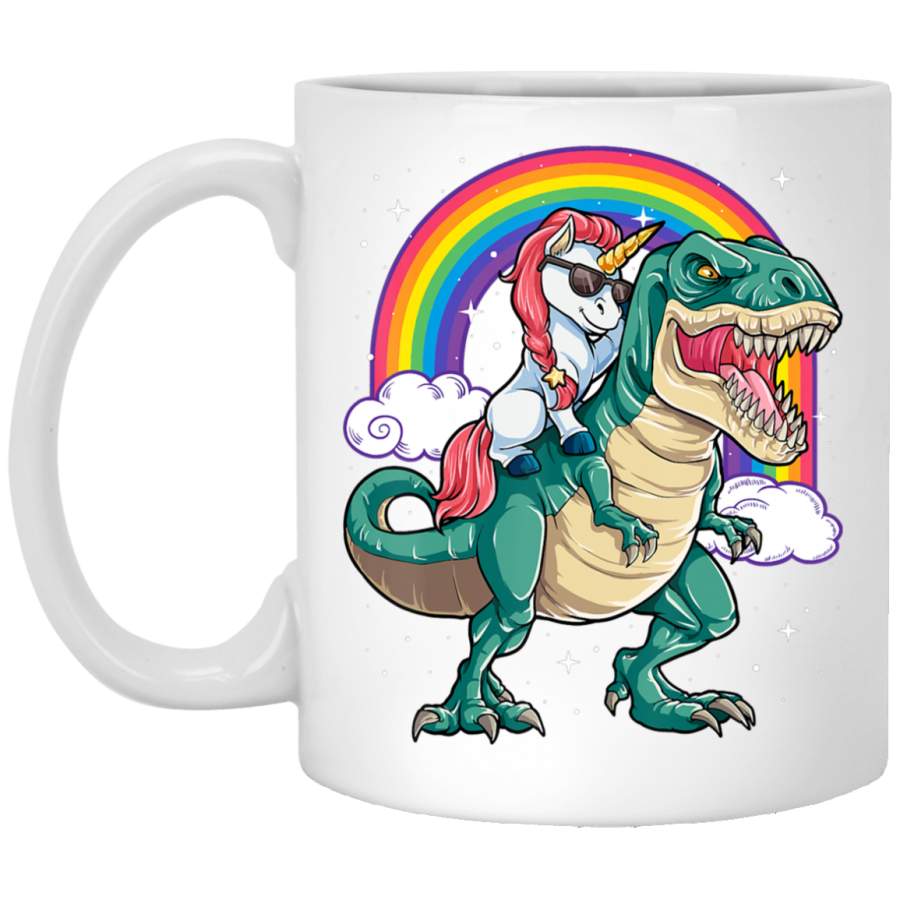 Unicorn Riding rex Dinosaur Boys Girls Kids Gift Men White Mug