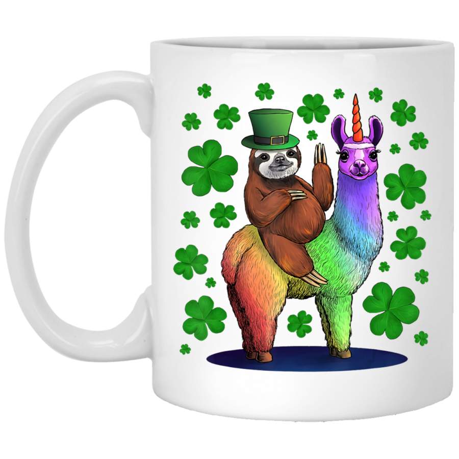 Leprechaun Sloth Riding Llama Unicorn St Patricks Day White Mug