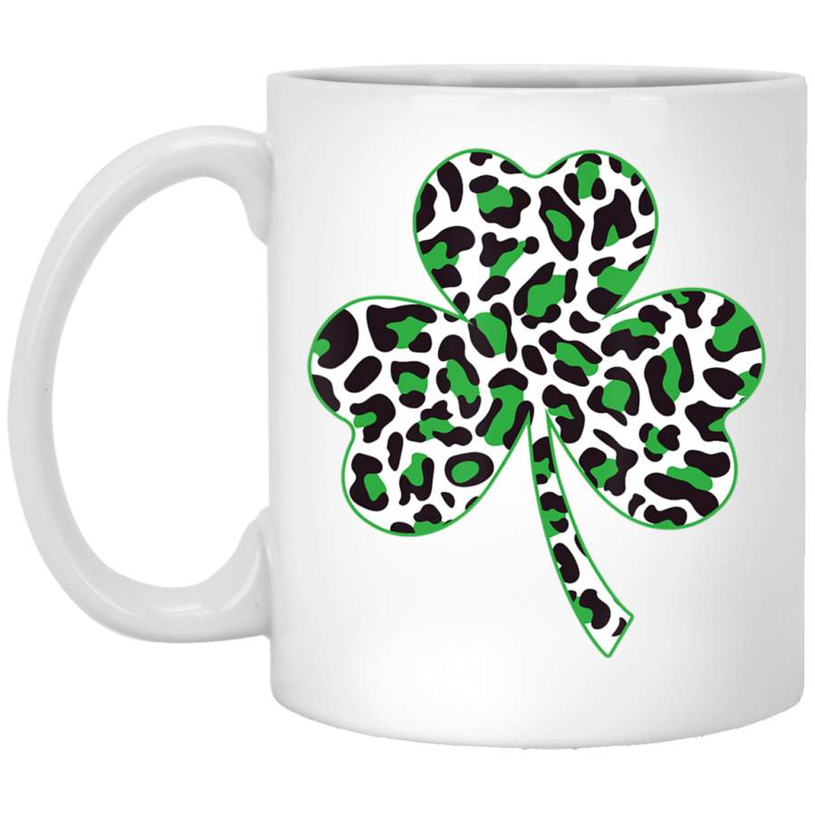 Cute Shamrock Leopard Print St Patricks Day Irish Pattern White Mug