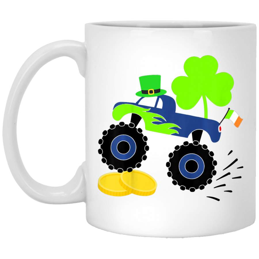 Kids Saint Patricks Day Gift for Monster Truck Lover Boy Shamrock White Mug