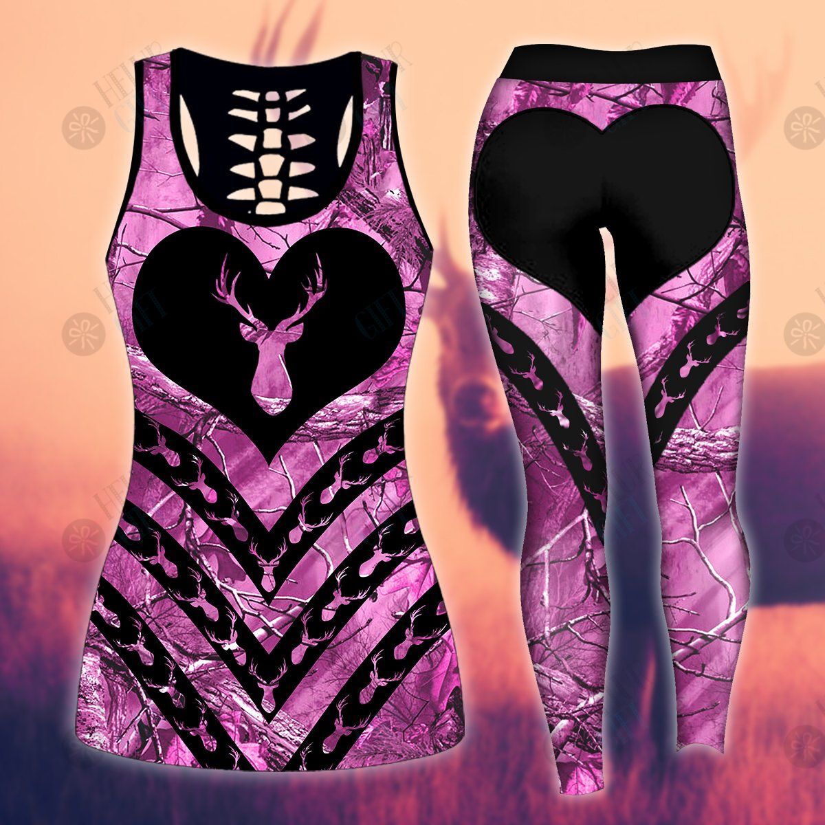 Deer hunting Combo Tank + Legging Heart Pink Camo Head Deer