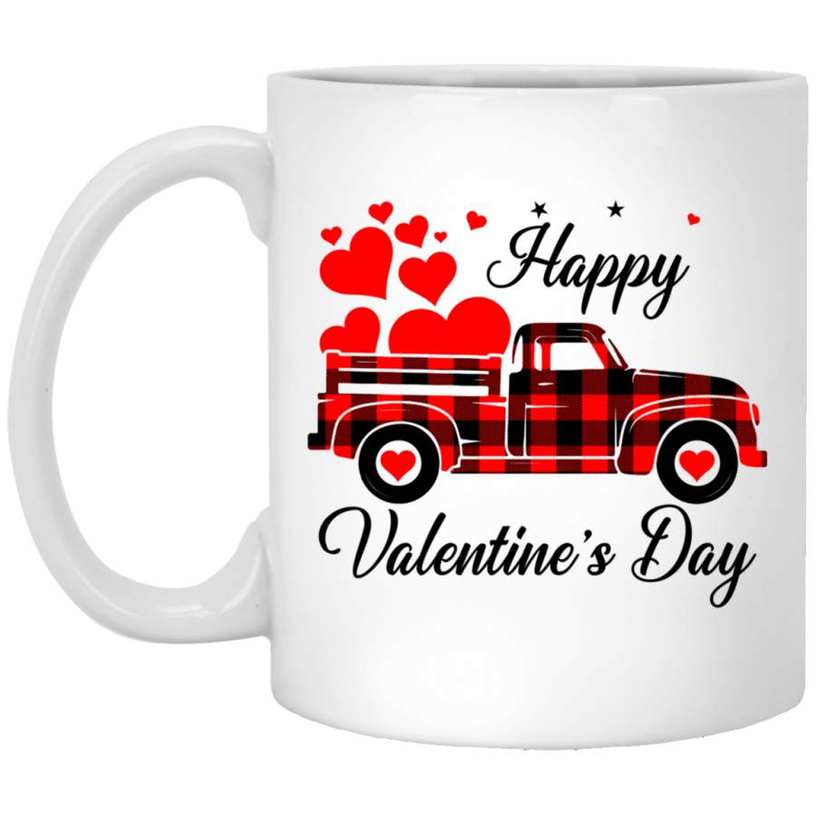 Happy Valentines Day Heart Graphic Love Truck Buffalo Plaid White Mug