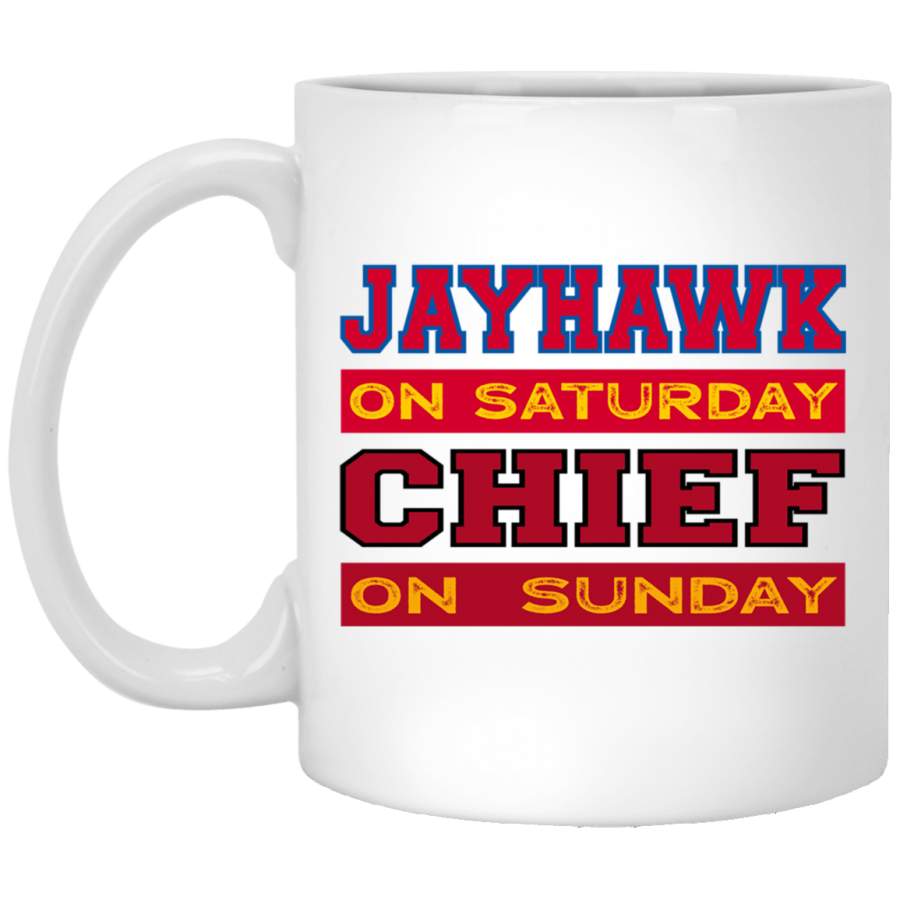 Jayhawk on Saturday Chief on Sunday Kansas City Football Pullover White Mug