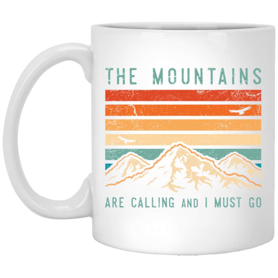 Mountains are Calling amp I Must Go Retro Vintage 80s Mountain Pullover White Mug