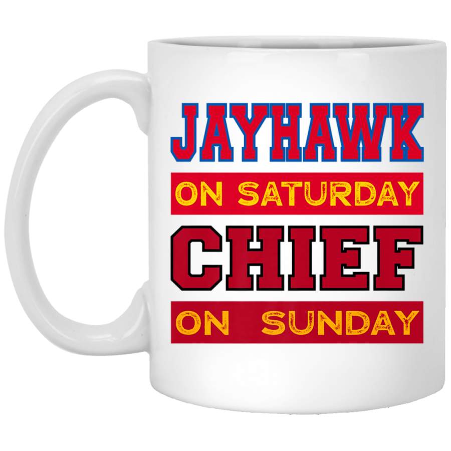 Jayhawk on Saturday Chief on Sunday Kansas City Football Premium White Mug