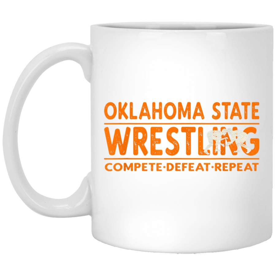 Oklahoma State Wrestling Compete Defeat Repeat White Mug