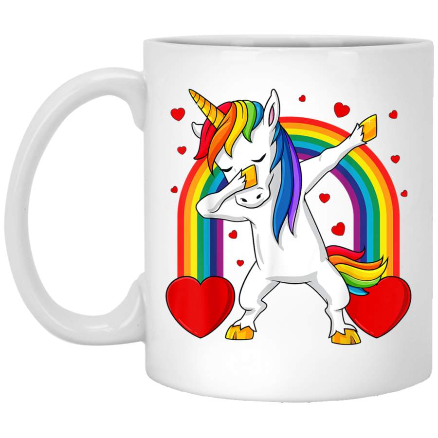 Dabbing Unicorn Hearts Rainbow Valentines Day Girls Kids White Mug