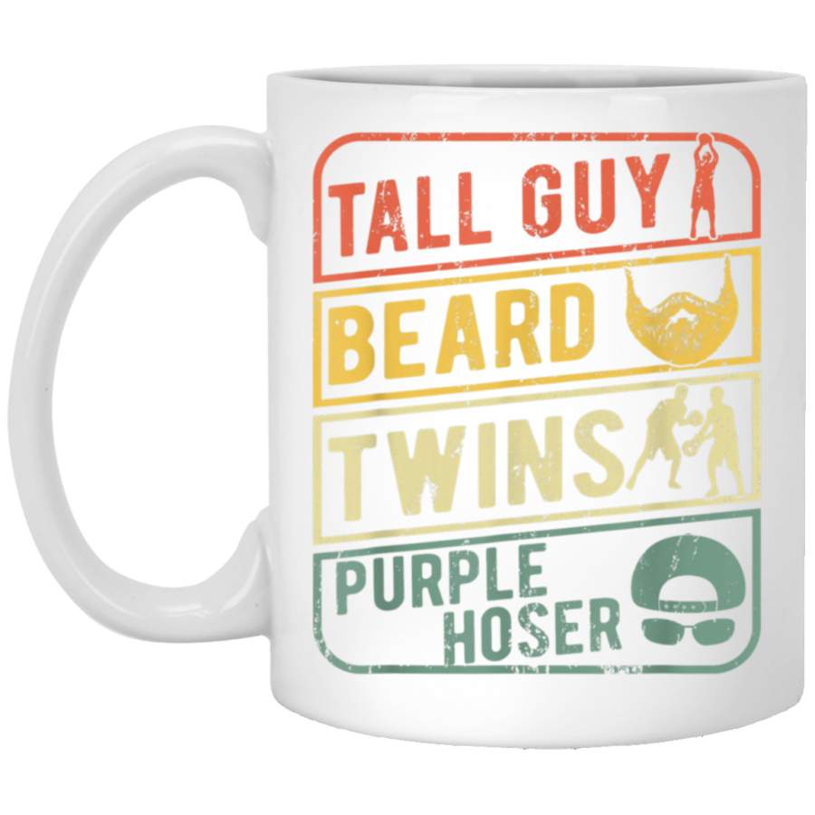 Perfect gift for kids dudeTALL GUY BEARD TWINS PURPLE HOSER White Mug