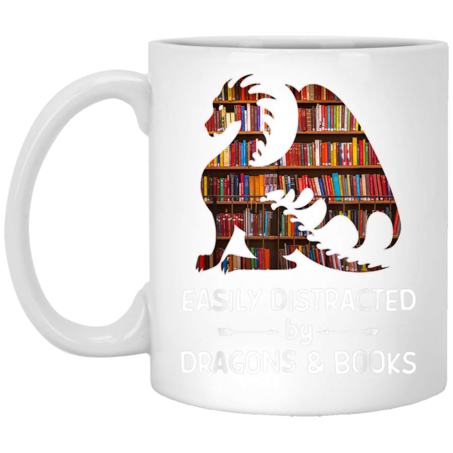 easily distracted by Dragon and Books nerds White Mug