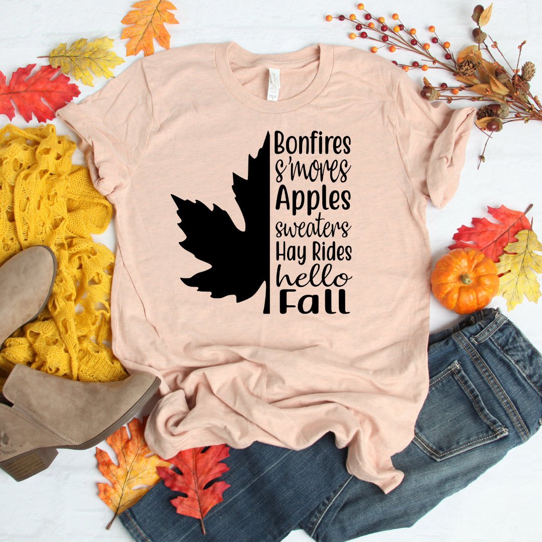 Bonfires S’Mores Apples Sweaters Hay Rides Hello Fall , Fall Shirt, Hello Fall Tee, Autumn Shirt, Fall Tshirt T-Shirt Hoodie All Color Size S-5Xl