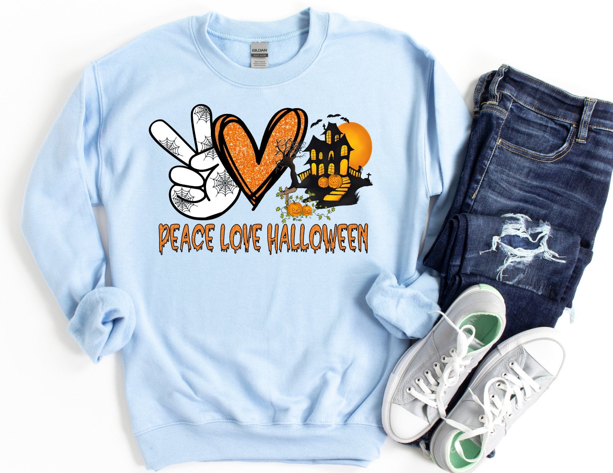 Peace Love Halloween Sweatshirt, Halloween Sweatshirt, Halloween Sweater, Funny Halloween Sweater, Halloween Gift T-Shirt Hoodie All Color Size S-5Xl