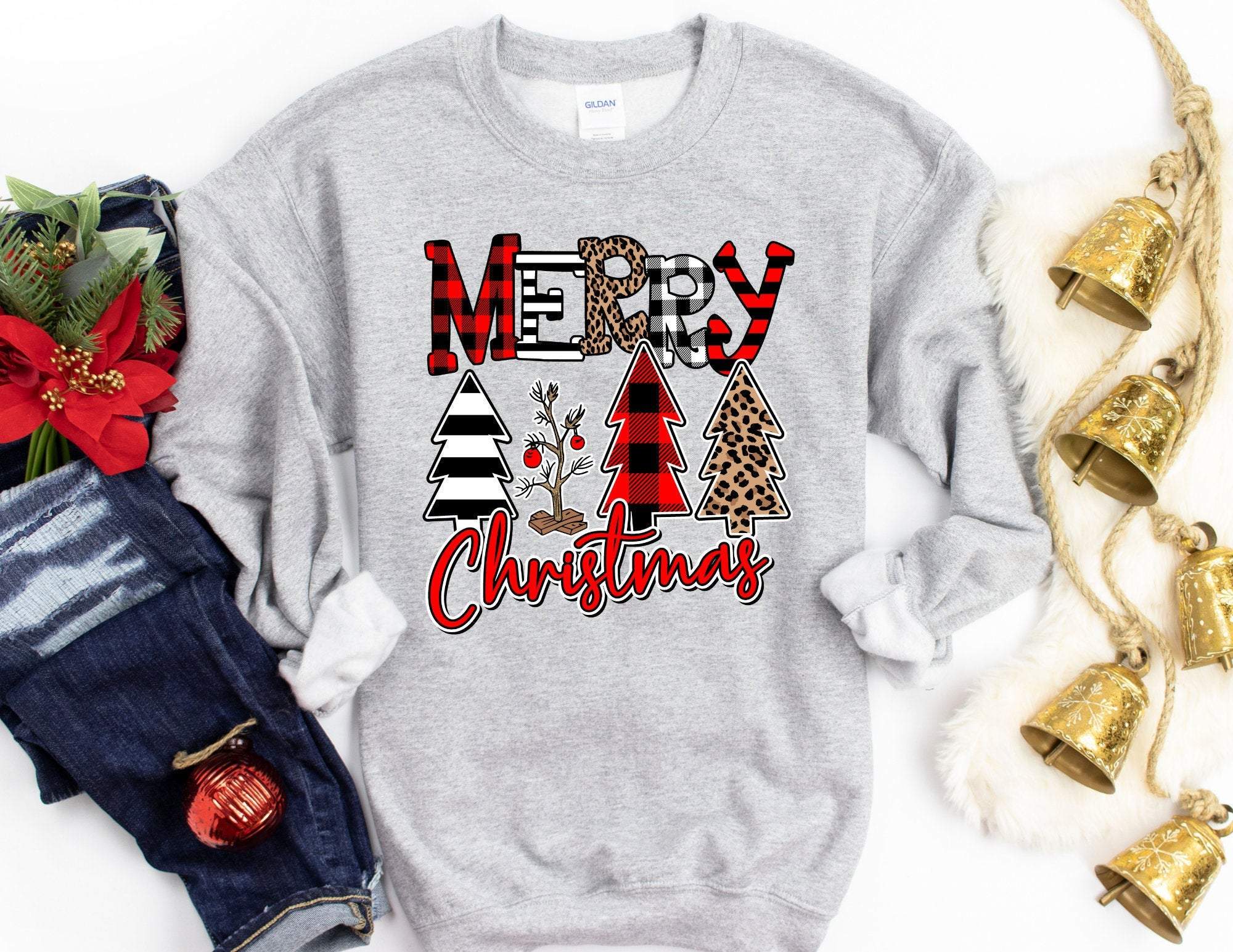 Merry Christmas With Trees Sweater, Christmas Sweatshirt, Christmas Sweater, Christmas Morning Sweater, Christmas Gift, Christmas Shirt T-Shirt Hoodie All Color Size S-5Xl