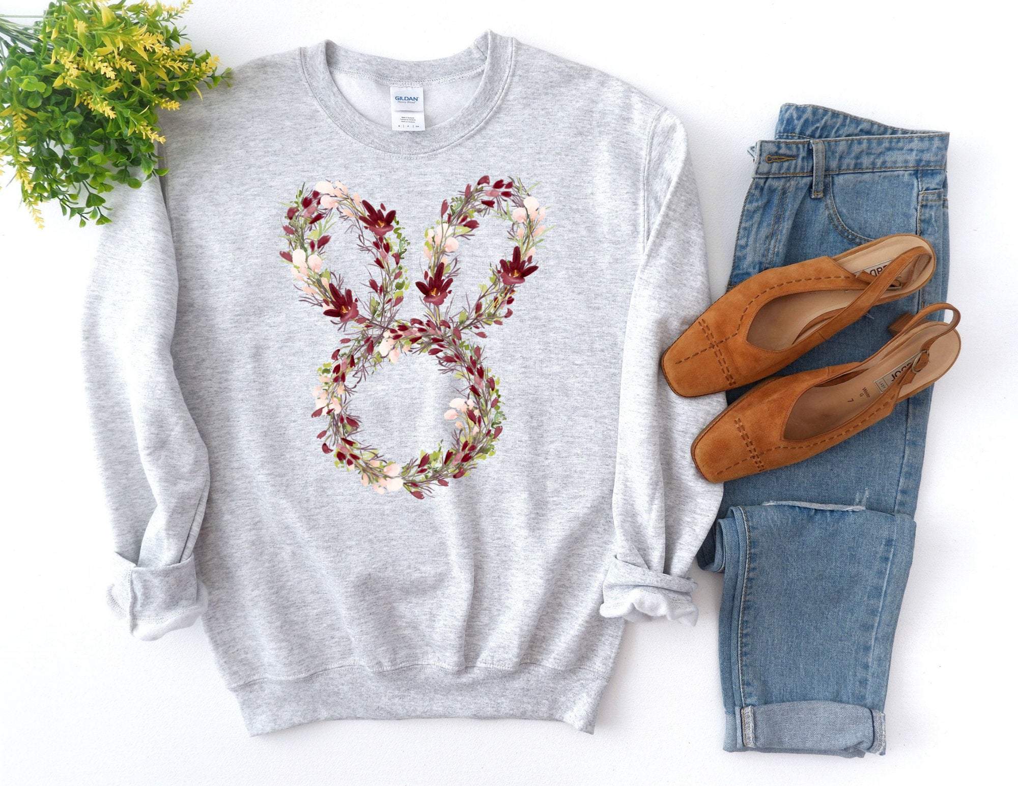 Floral Easter Bunny Wreath Sweatshirt, Happy Easter Sweater, Easter Bunny Sweatshirt, Easter Gift, Happy Easter, Easter Sweatshirt T-Shirt Hoodie All Color Size S-5Xl