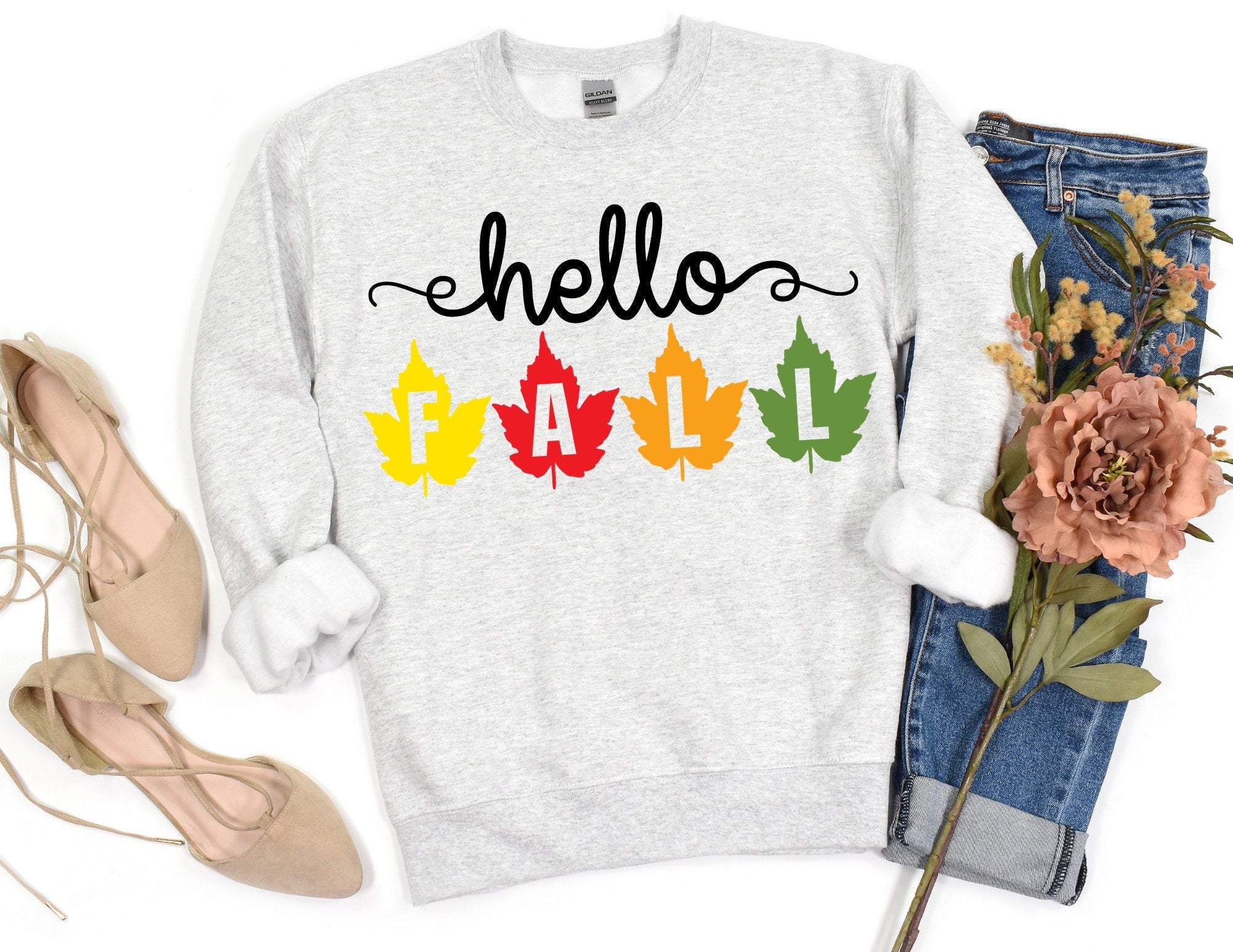 Hello Fall Multicolored Leaves Sweatshirt Fall Sweatshirt Fall Sweater Leaves Sweatshirt Fall Time Sweatshirt Fall T-Shirt Hoodie All Color Size S-5Xl