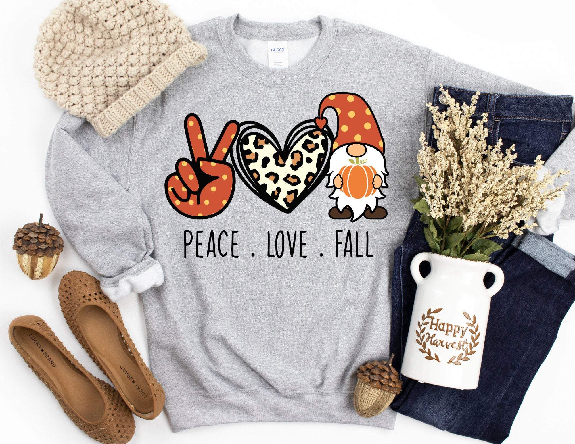 Peace Love Fall Gnome Sweatshirt, Fall Pumpkin Sweatshirt, Thanksgiving Sweatshirt, Fall Sweater, Fall Time Sweater, Gnomes Sweatshirt T-Shirt Hoodie All Color Size S-5Xl