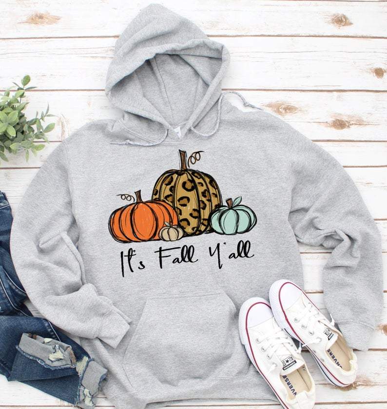 Fall Y’All Pumpkins Thanksgiving Fall Autumn Grey Long Sleeve Hooded Sweatshirt Gray Hoodie Shirt Thanksgiving Sweater