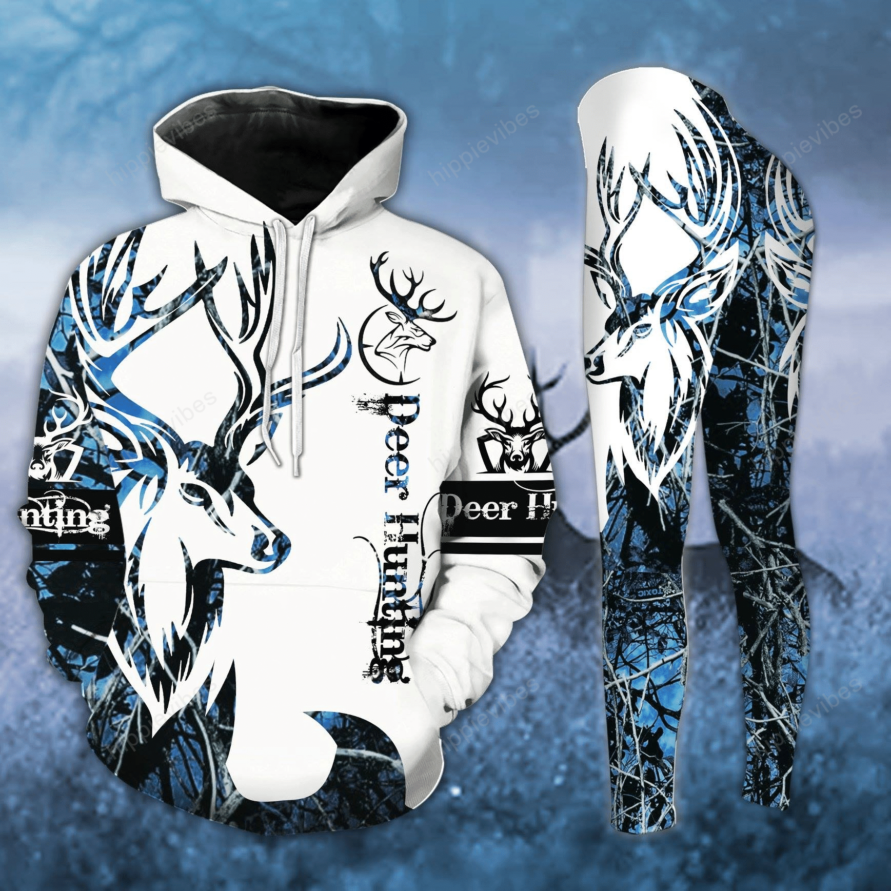 Blue Neon Deer Hunting Legging And Hoodie