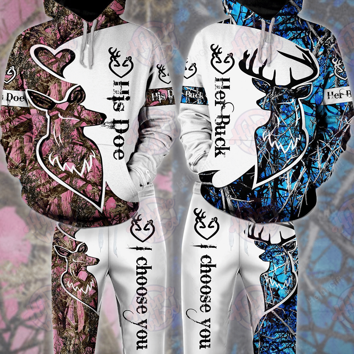 Buck N Doe Deer Hunting I Choose You Hoodie Combo Blue Pink