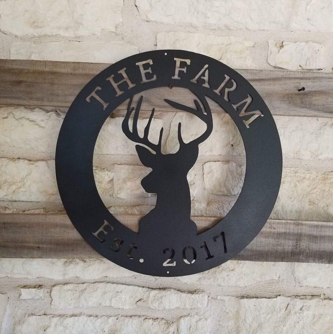 Ranch Sign, Farm Sign, Hunting Sign, Deer Shape Personalized Circle With Custom Text. Plasma Cut Steel Sign ,Steel Art