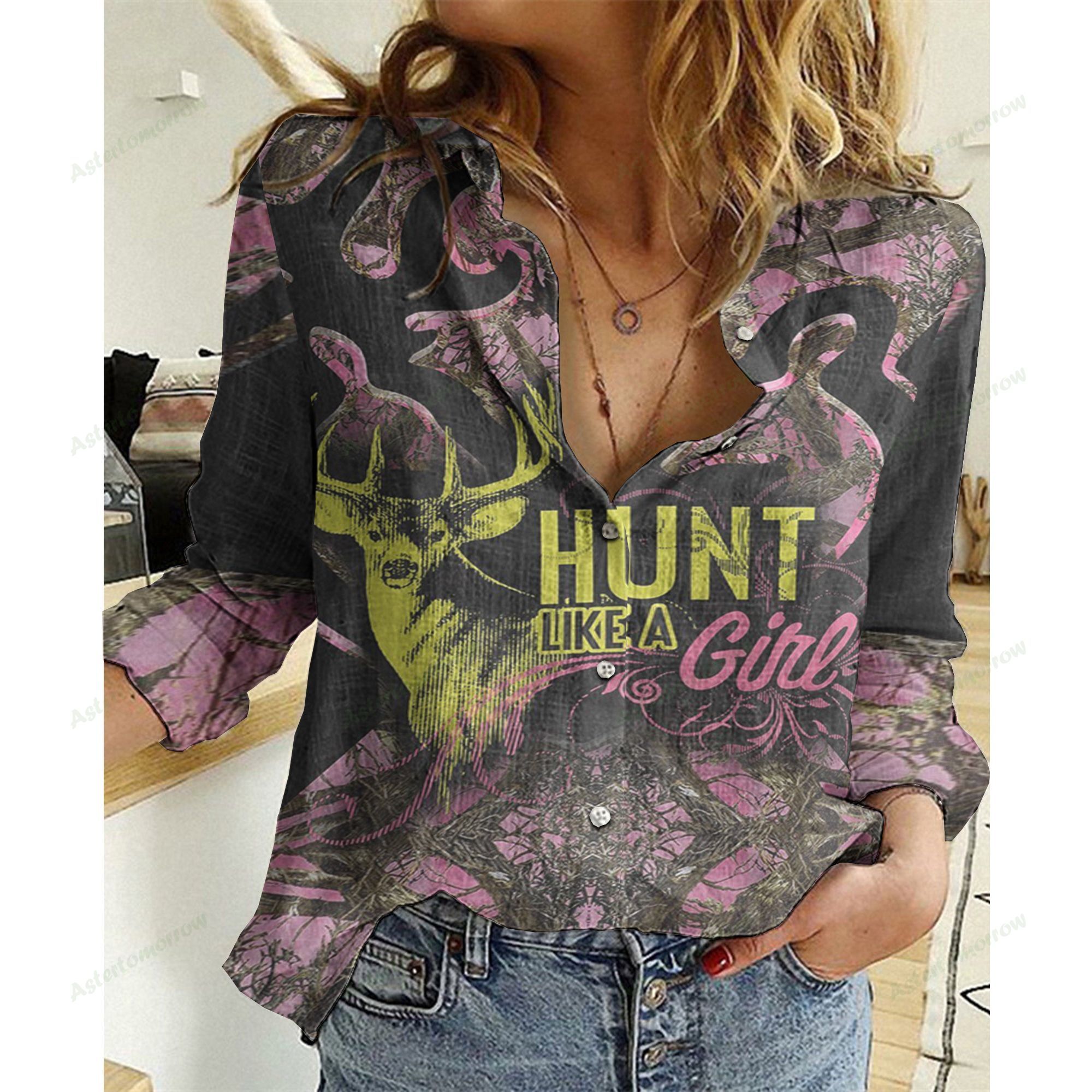 Country Girl Camouflage Cotton And Linen Casual Shirt, Deer Hunting Linen Shirt