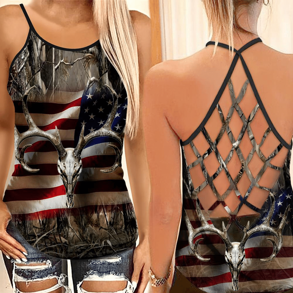 American Flag Deer Hunting Camisole Tank Top, Deer Hunting Tank Top