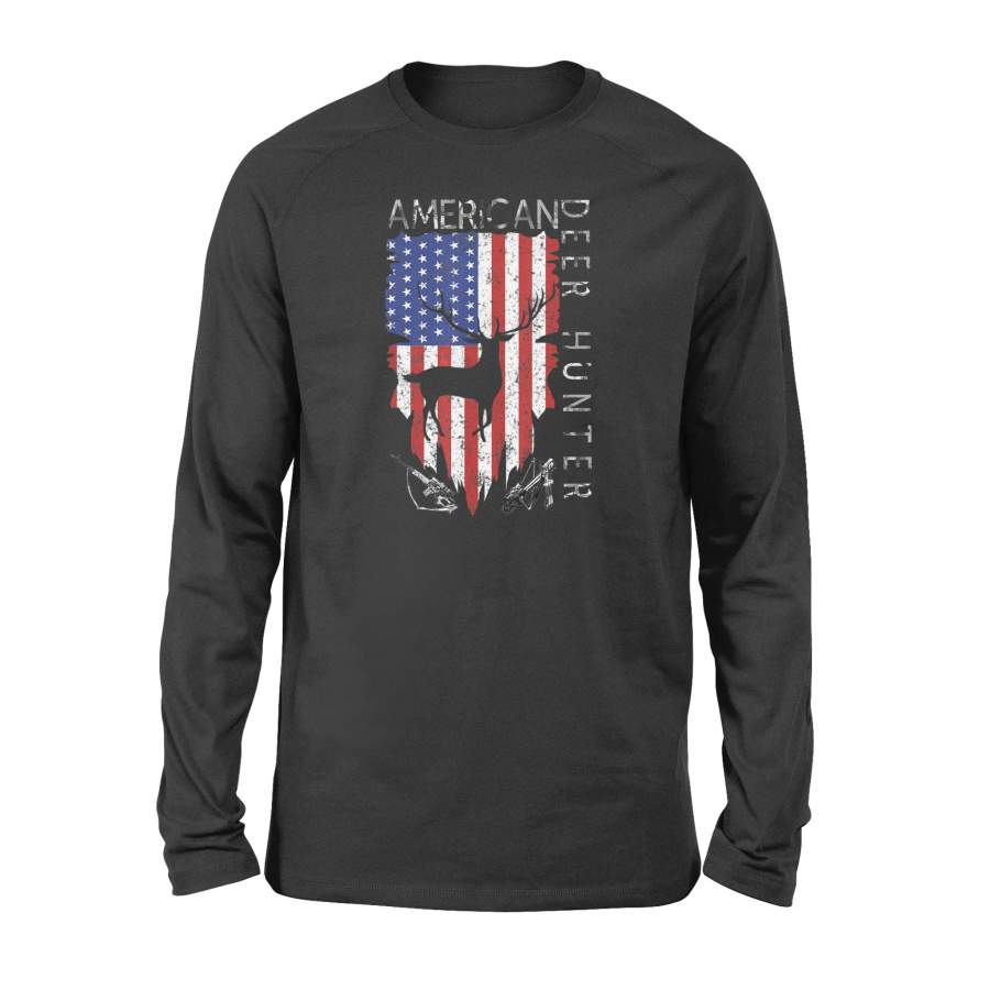 American Flag Deer Hunting – Gifts For Hunters Distressed US T-Shirt – Standard Long Sleeve