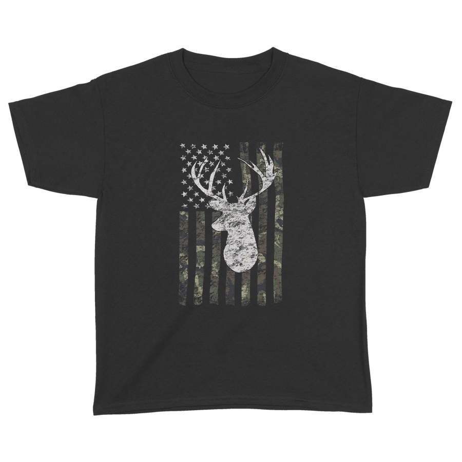 Camouflage American Flag Deer Hunting T-shirt – Standard Youth T-shirt