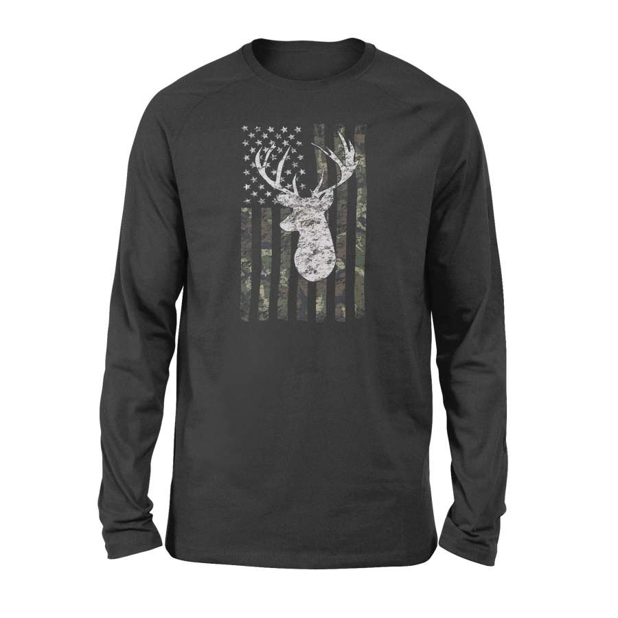 Camouflage American Flag Deer Hunting T-shirt – Standard Long Sleeve