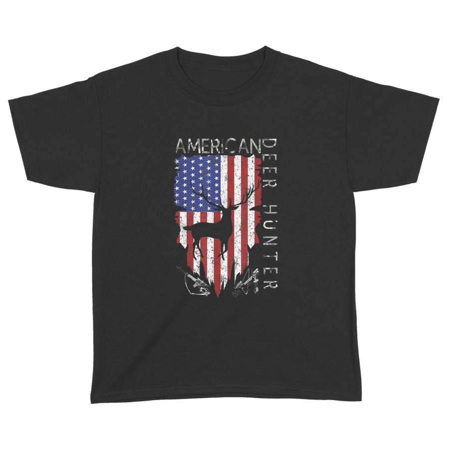 American Flag Deer Hunting – Gifts For Hunters Distressed US T-Shirt – Standard Youth T-shirt