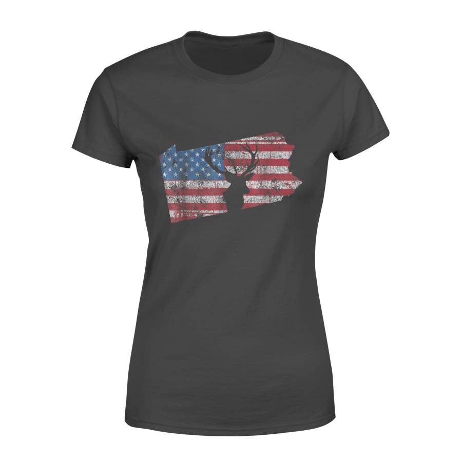 American Flag Pennsylvania Deer Hunting Distressed T-Shirt – Standard Women’s T-shirt