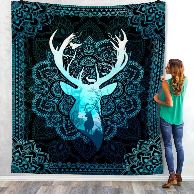 Deer Hunting Mandala Fleece Blanket, Dog Fleece Blanket, Dog Blanket For Sofa, Personalized Dog Blankets, Dog Blanket For Car, Dog On Blanket