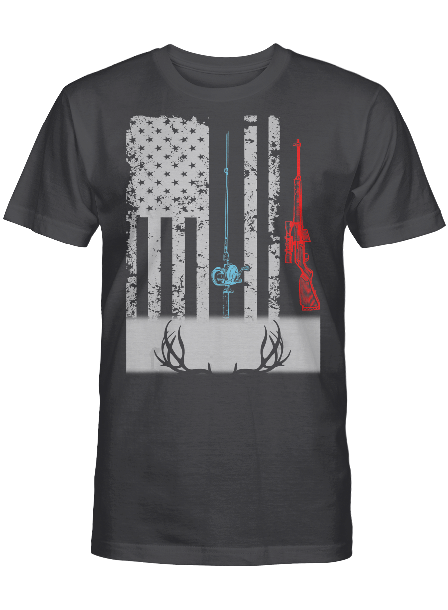 AmazeStyleZ Fishing Shirt Fishing Rod Hunting Rifle American Flag T-Shirt