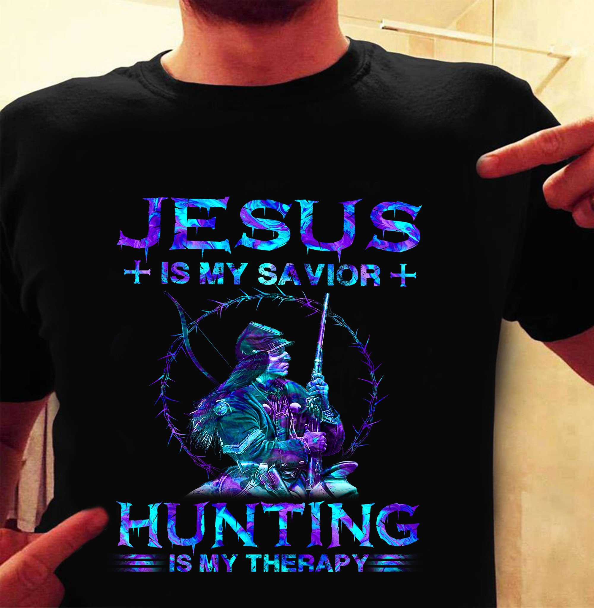 Awesome Family Gift – God – Jesus Is My Savior. Hunting Is My Therapy T-shirt