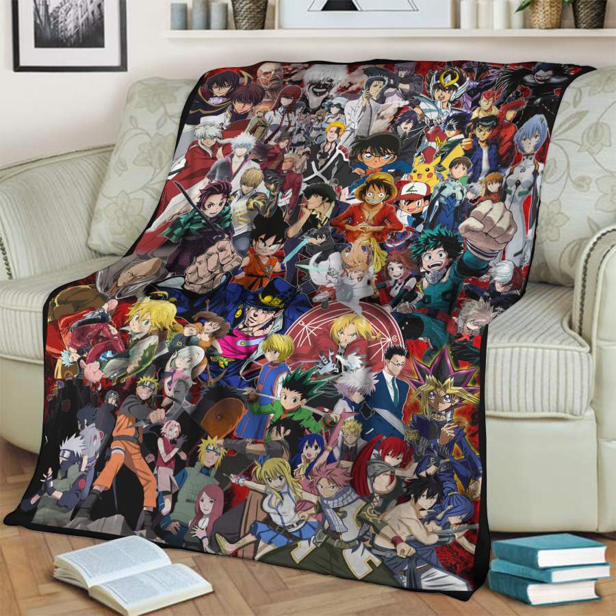 Anime Characters Complication (Dragon Ball, Naruto, One Piece, Bleach, Yu Gi Oh!, My Hero Academia, Pokemon, The Metal Alchemist, ect.) 3D Throw Blanket