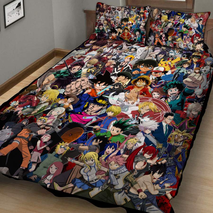 Anime Characters Complication (Dragon Ball, Naruto, One Piece, Bleach, Yu Gi Oh!, My hero academia, Pokemon, The metal Alchemist, ect.) 3D Quilt Bed Set