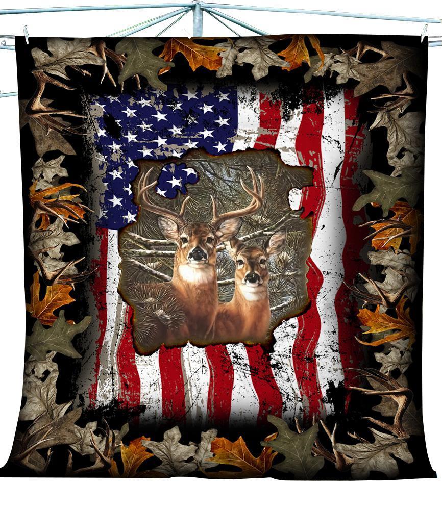 Deer Hunting Deer Skull Us Flag Camo Blanket Cozy Fleece Blanket, Sherpa Blanket