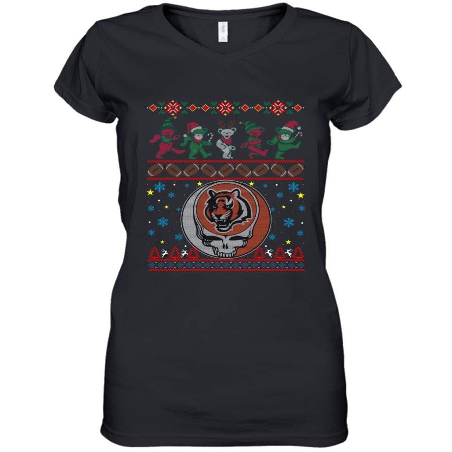 Cincinnati Bengals Christmas Grateful Dead Jingle Bears Football Ugly Sweatshirt Women’s V-Neck T-Shirt