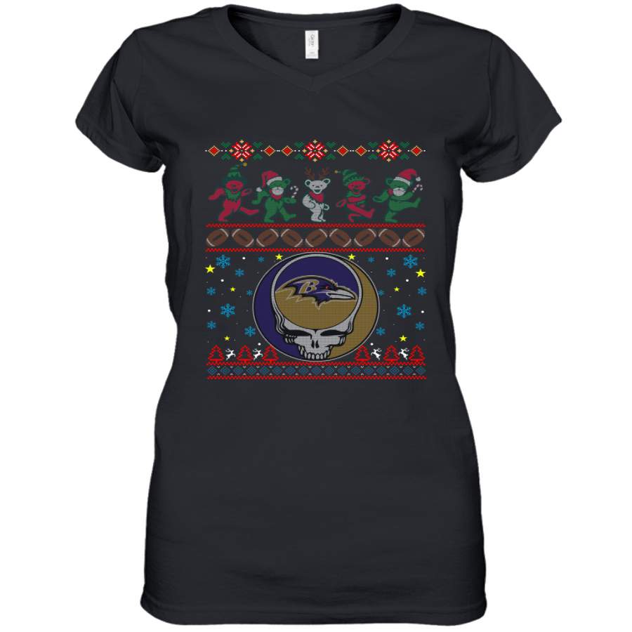 Baltimore Ravens Christmas Grateful Dead Jingle Bears Football Ugly Sweatshirt Women’s V-Neck T-Shirt