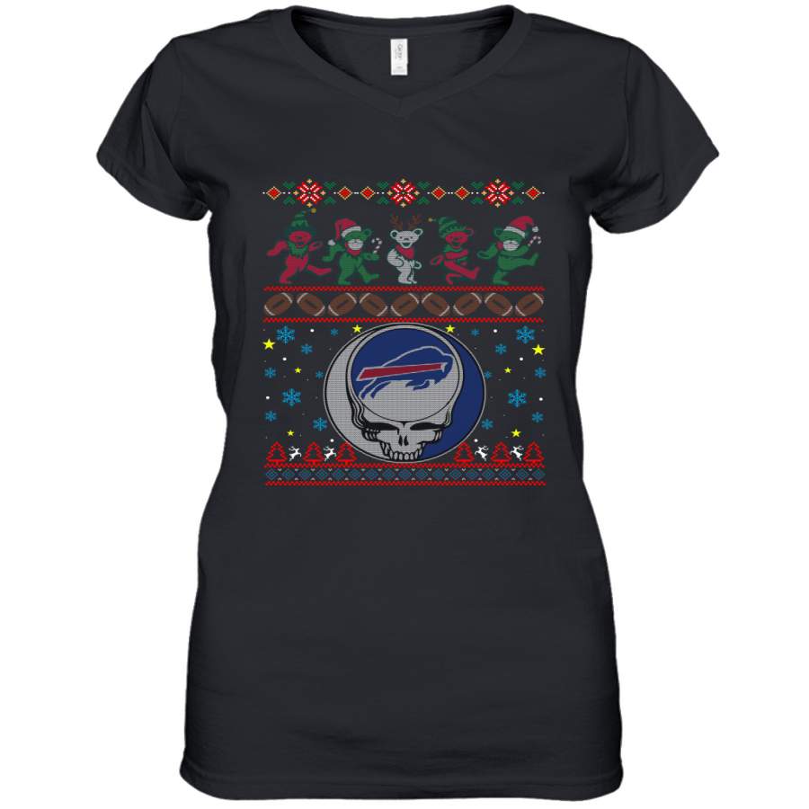 Buffalo Bills Christmas Grateful Dead Jingle Bears Football Ugly Sweatshirt Women’s V-Neck T-Shirt